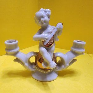 VTG LEFTON Mini CHERUB Gold Ball playing Mandolin ceramic candle holder 3" x 4"